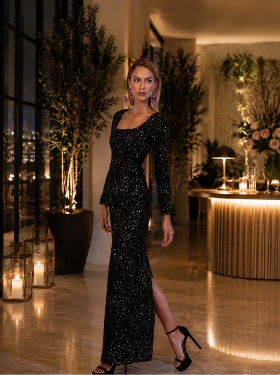 Helsi Dresses & Skirts - Helsi  Jamie Square-Neck Sequin Velvet Column Gown in Black  Size XS Preloved